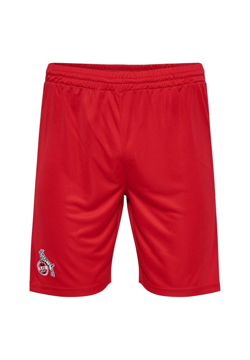 Shorts de sport rouges en tissu léger avec une taille élastique et un logo sur le bas à gauche. Texture lisse et design au genou.
