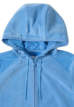 Hellblauer Fleece-Kapuzenpullover mit Frontreißverschluss und Kordelzug, mit glatten Stoff-Schulterpaneelen.