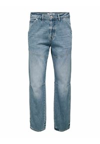 Lyseblå denim jeans med et lige ben design, let falmet og kontrastsyet. Har fem lommer og knaplukning.