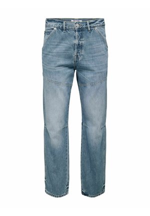 Light blue denim jeans with a straight leg design, slight fading, and contrasting stitching. Features five pockets and a button fly.