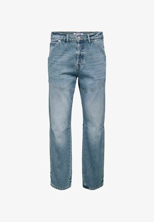 Vaaleansiniset farkut suoran lahkeen muotoilulla, hieman kuluneita ja erottuvalla ompellulla. Sisältää viisi taskua ja napin.