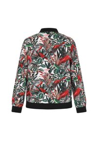 Floral bomberjack met een kleurrijke tropische print met rode papegaaien en groene bladeren, zwarte ribgebreide kraag en manchetten, en een elastische onderkant.
