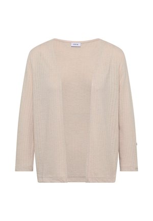 Beige cardigan med åben front og lange ærmer, med en subtil lodret ribbet tekstur, vist fladt med CECIL-mærke ved halsudskæringen.