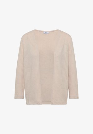 Cardigan beige ouvert à l'avant avec manches longues et texture subtile à côtes verticales, présenté à plat avec l'étiquette de la marque CECIL au niveau de l'encolure.