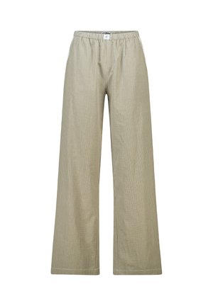 Beige en lichtgroene geruite brede broek met elastische tailleband en zonder zichtbare zakken, afgebeeld op een witte achtergrond.