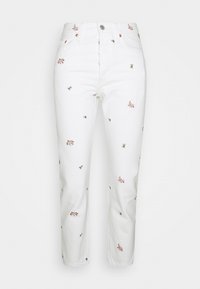 Weiße Jeans aus Denim mit mehrfarbiger floraler Stickerei, fünf Knöpfen und geradem Bein. Merkmale sind dezente Nähte und metallische Hardware.