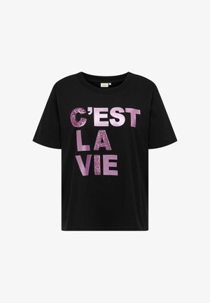 T-shirt en coton noir à manches courtes, avec un grand texte rose "C'EST LA VIE", les 'C' et 'L' ayant une texture pailletée.