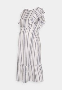 Ärmlös gravidklänning med vertikala gråa och vita ränder, volangdetaljer vid axlarna och en gathered fåll.