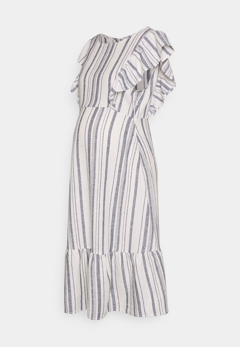 Ärmlös gravidklänning med vertikala gråa och vita ränder, volangdetaljer vid axlarna och en gathered fåll.