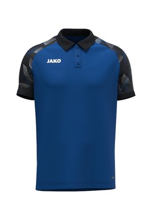 Polo blu con colletto nero e maniche nere decorate, con logo bianco "JAKO" sul petto destro.