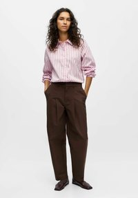 Camicia a righe rosa chiaro con chiusura a bottoni e maniche arrotolate, abbinata a pantaloni marroni plissettati e scarpe marroni scure.