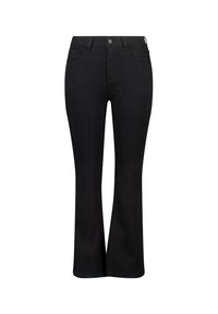 Zwarte flared jeans van een katoenmix, met een hoge taille, vijf zakken en een knoopsluiting aan de voorkant.