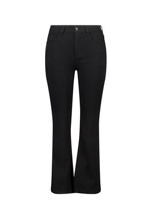 Zwarte flared jeans van een katoenmix, met een hoge taille, vijf zakken en een knoopsluiting aan de voorkant.