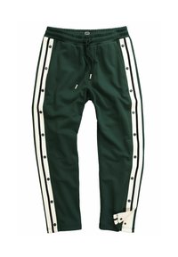 Athletic pants in dark green fabric with white side stripes and snap closures, featuring an elastic waistband and adjustable drawstring.