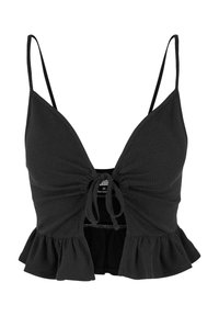 Black ribbed crop top with a deep V-neck, adjustable straps, and a ruffled hem. Features a front tie detail for adjustable fit.