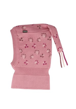Pink knitted children's balaclava with small floral patterns, ribbed edges, and a long tail with multicolored tassels.