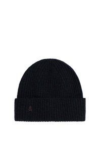 Gorro de punto negro con textura acanalada y puño doblado, con un logo sutil en rojo oscuro en la parte delantera.