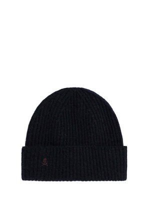 Gorro de punto negro con textura acanalada y puño doblado, con un logo sutil en rojo oscuro en la parte delantera.
