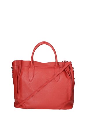 Rote Lederhandtasche mit zweigriffen und einem abnehmbaren Schultergurt. Texturierte Oberfläche mit minimalistischer Gestaltung und subtilen Nähdetails.