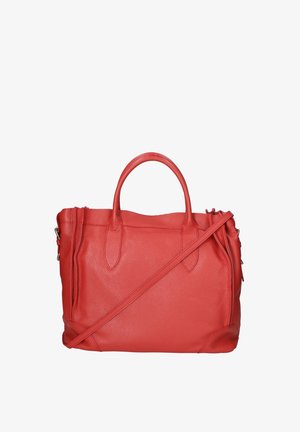 Rode leren handtas met dubbele handvatten en een afneembare schouderband. Geprofileerd oppervlak met een minimalistisch ontwerp en subtiele stikdetails.