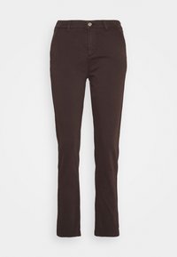 Pantaloni slim-fit marroni scuri con bottone frontale, zip, passanti per la cintura e tasche laterali, presentati su uno sfondo bianco.