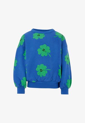 Sweatshirt bleu avec des motifs de trèfle verts, encolure ronde, poignets et ourlet côtelés, coupe décontractée avec des manches légèrement bouffantes.