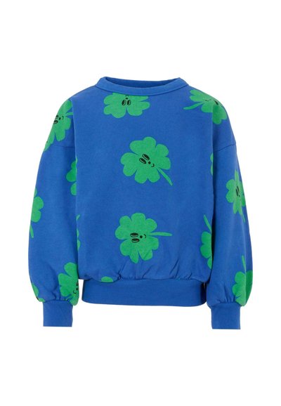 Blue sweatshirt with green clover patterns, round neckline, ribbed cuffs and hem, and relaxed fit with slightly puffed sleeves.
