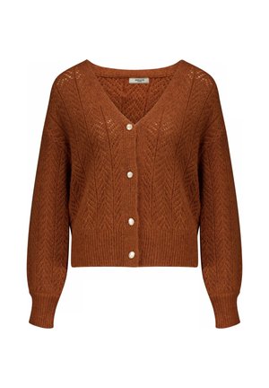 Vest in roestkleur met een V-hals, een gebreid patroon, lange mouwen en vijf decoratieve parelknopen aan de voorkant.