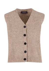 Světle hnědý bezrukávový kardigan vyrobený z měkkého pleteného materiálu, s V-výstřihem, šesti černými knoflíky a žebrovaným lemem.