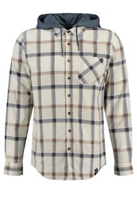 Camicia in flanella a quadri con cappuccio blu navy. Presenta un motivo a quadri in tonalità beige, marrone e blu, chiusura con bottoni e tasca sul petto. Tessuto testurizzato.