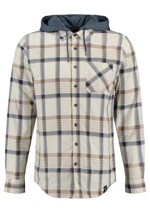 Karierter Flanellhemd mit navyfarbigem Kapuzenaufsatz. Verfügt über ein Muster in Beige, Braun und Blau, Knopfleiste vorne und eine Brusttasche. Strukturierten Stoff.