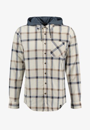 Koszula flanelowa w kratę z granatowym kapturem. Posiada wzór w odcieniach beżu, brązu i niebieskiego, guziki z przodu oraz kieszeń na piersi. Teksturowany materiał.