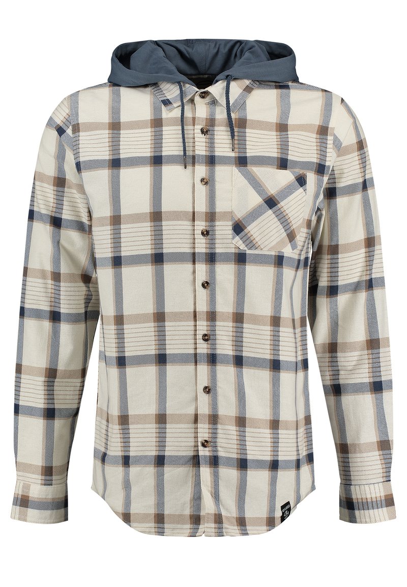 Camicia in flanella a quadri con cappuccio blu navy. Presenta un motivo a quadri in tonalità beige, marrone e blu, chiusura con bottoni e tasca sul petto. Tessuto testurizzato.