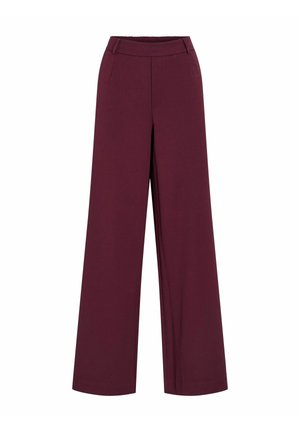 Pantalons larges bordeaux avec une texture lisse, taille élastique et deux poches avant. Convient pour un usage décontracté ou professionnel.