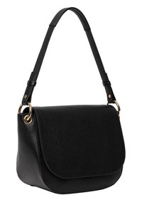 Borsa sintetica nera con forma curva, texture liscia e hardware in tono oro. Dotata di una tracolla regolabile e una chiusura a patta.