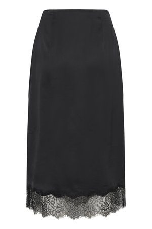 Mustast satiinist midi-seelik sirge lõike ja lillelise pitsäärisega ääres.