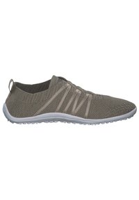 Lightweight grey knit slip-on shoes with elastic straps, textured upper, white rubber sole, and heel tab for easy wear.