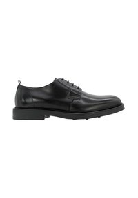 Scarpa elegante in pelle nera con un design sinuoso, punta arrotondata e tre occhielli per i lacci. Presenta una suola spessa per una maggiore stabilità.