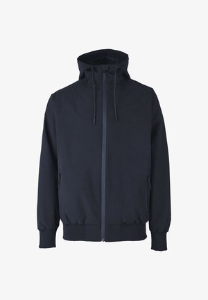 Schwarzes Hoodie aus leichtem Gewebe, mit Reißverschluss vorne, verstellbarem Kordelzugkapuze, zwei seitlichen Taschen und gerippten Bündchen.