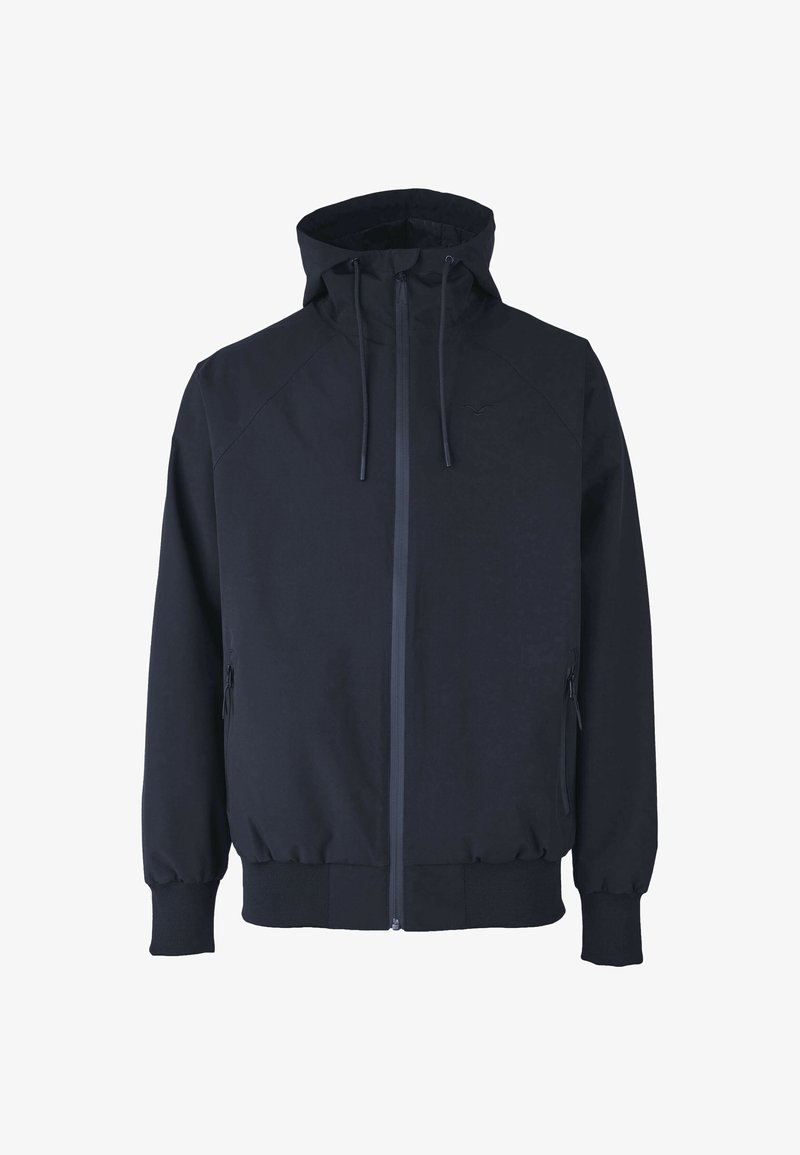 Black hoodie made of lightweight fabric, featuring a zip front, adjustable drawstring hood, double side pockets, and ribbed cuffs.