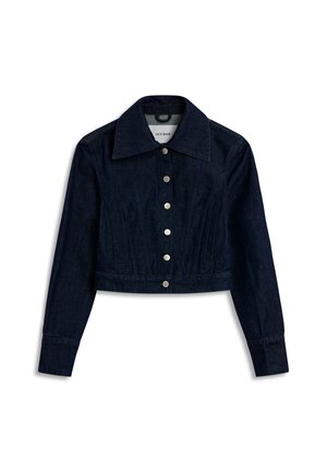 Dark blue cropped denim jacket with wide collar, front button closure, long sleeves, and subtle seam detailing.