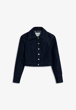 Dark blue cropped denim jacket with wide collar, front button closure, long sleeves, and subtle seam detailing.