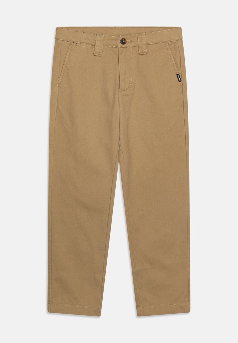 Chinos en coton beige avec une coupe droite, dotés d'une fermeture à bouton à l'avant et de poches latérales. Détails cousus le long des coutures.