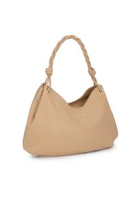 Beige lágy bőr kézitáska csavart fogantyúval, aranyszínű fém kiegészítőkkel, és finom márkajelzéssel elöl, enyhén gyűrött formában.