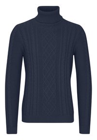 Pull en maille torsadée bleu marine à col roulé avec des manches longues et des motifs de tricot tressés complexes à l'avant et sur les manches.