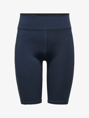 Navy blue athletic shorts, mid-thigh length, made of stretchy fabric with a wide waistband and flatlock seams. Subtle logo detail on side.