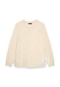 Světle béžová mikina s prošívaným diamantovým vzorem, kulatým výstřihem, dlouhými rukávy a pružným lemem a manžetami. Měkká textura látky.