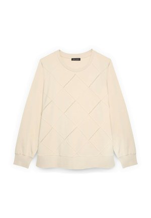 Lichtbeige sweatshirt met een gewatteerd ruitpatroon, ronde hals, lange mouwen en geribde manchetten en zoom. Zachte stoftextuur.