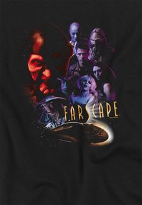 Black t-shirt featuring a vibrant graphic of characters from "Farscape," highlighting various textures and colors with a central character shown prominently.