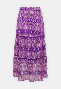 Jupe à volants violette avec un motif floral coloré, une ceinture élastique et un tissu léger, transparent avec une texture subtile.